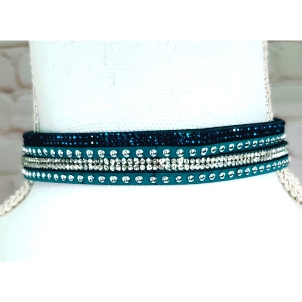 Teal Choker Rhinestone Snap Closure Necklace NIP